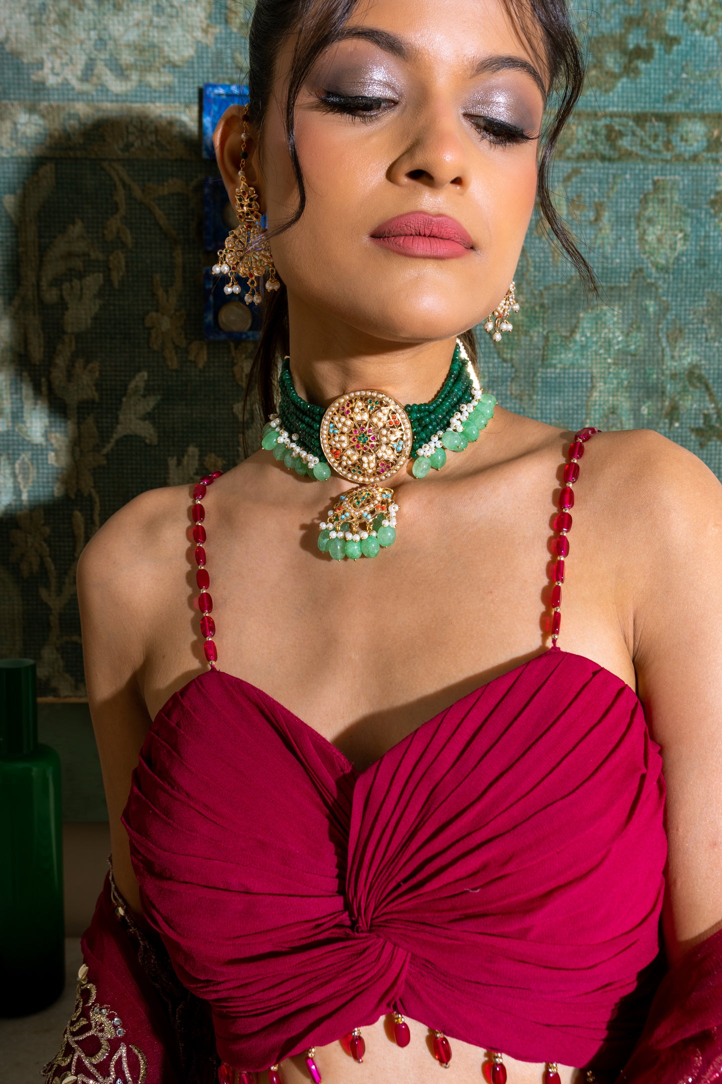 Green Polki Choker Necklace Set