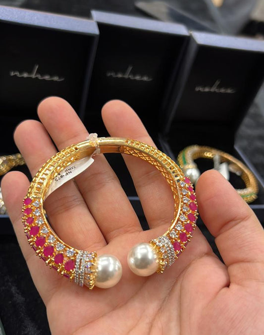 Gold Pleated Openable Bangle with Semi Precious Stones Openable Bangle