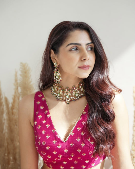 Red&Green Jadau And Bead Drop Embellished Choker Set