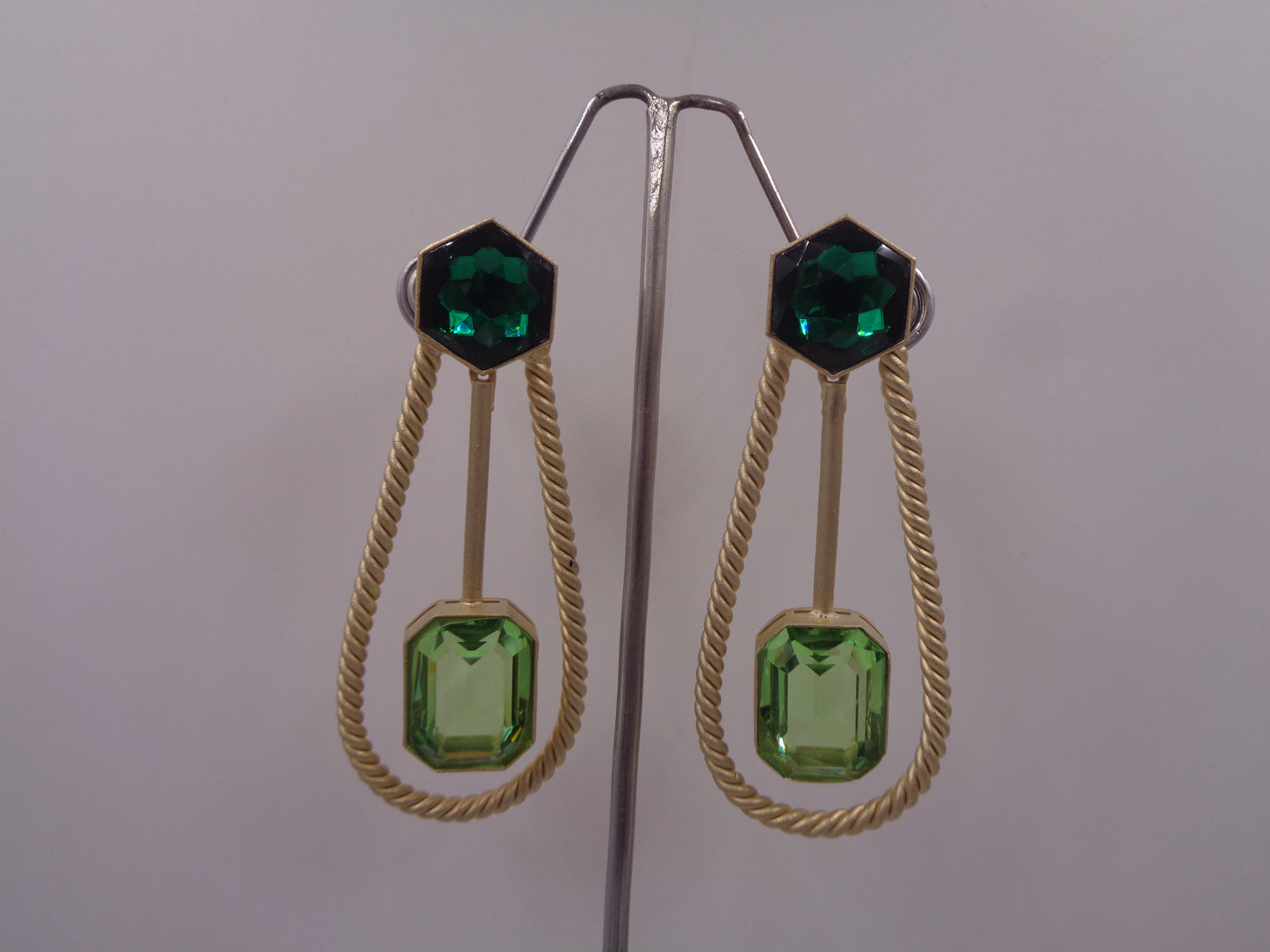 Peridot and emerald Swarovski crystal with hammered brass long earrings