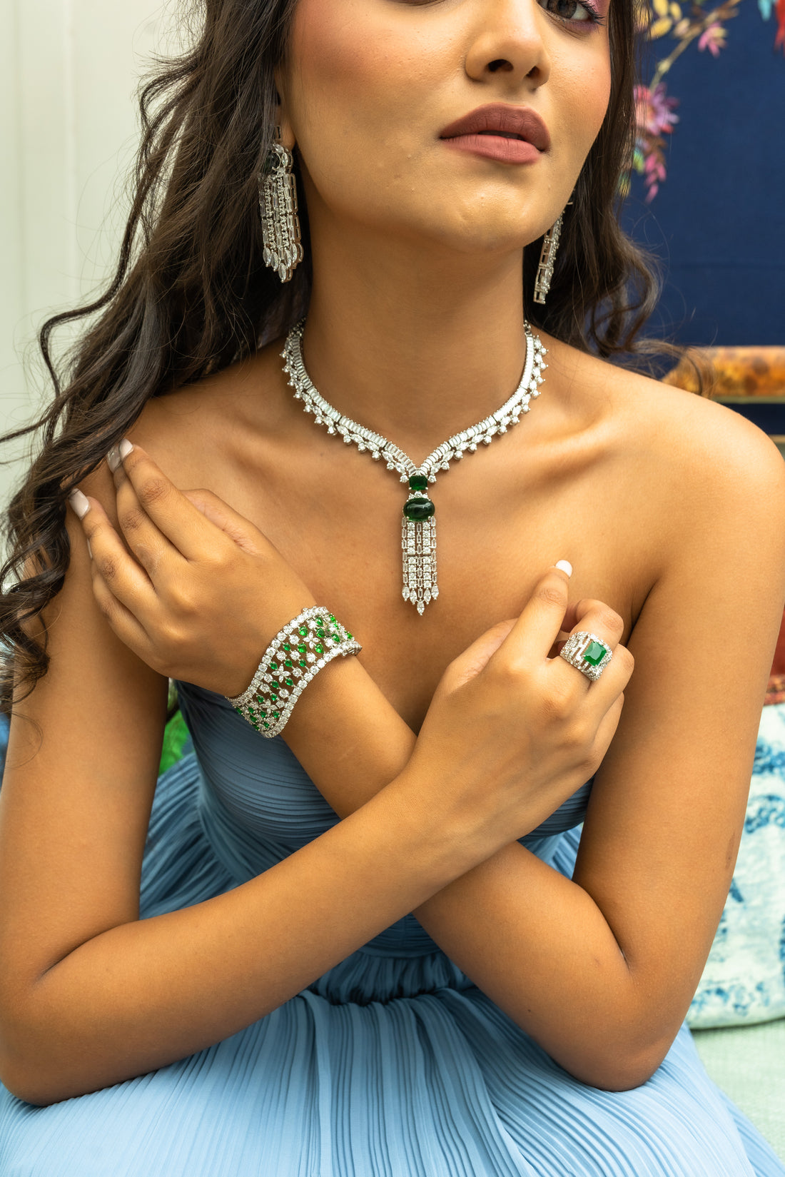 Rhodium Plated Emerald Studed Jewellery Set